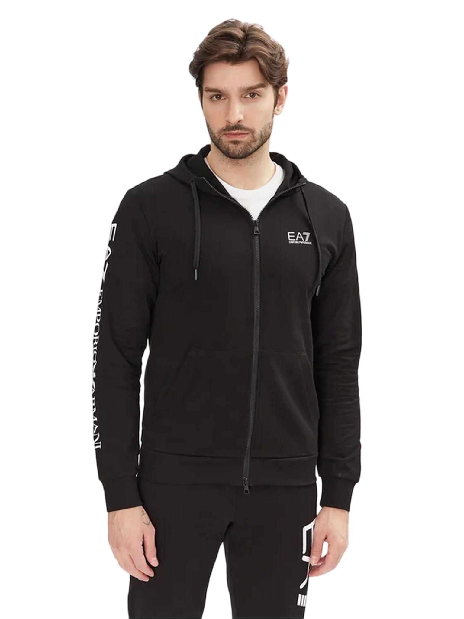 Ea7 Black Logo Zip Up Sweatshirt In Cotton With A Hood Logo Series