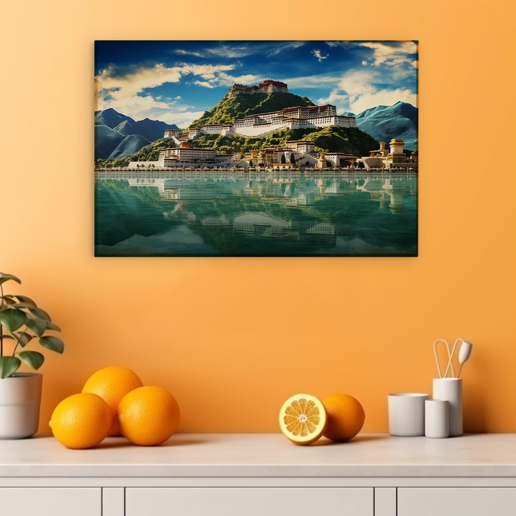 Canvas for Living room. Serene Majesty: Potala Palace's Reflection in Lhasa's Tranquil Waters, 27 x 18 inch Canvas Wall Art - Ready to Hang