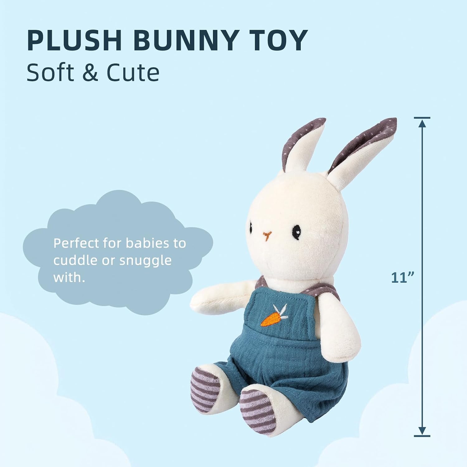 Bunny Stuffed Animal Organic Cotton Baby Plush Toys, 9" Organic Cotton Plush Bunny Toy with Overalls, Cute Soft Stuffed Rabbit Doll for Babies and Toddlers