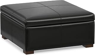 SIMPLIHOME Gabbie 36" Wide Vegan Leather Storage Ottoman in Midnight Black | Contemporary ottoman with lift-top storage; rectangle storage bench for living room