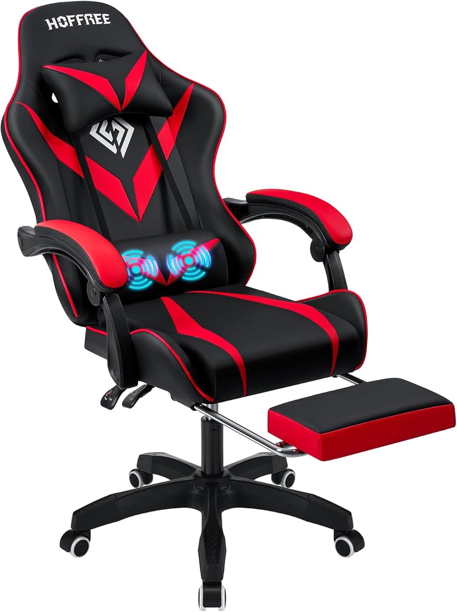 Gaming Chair with Massage Ergonomic Computer Chair with Footrest and Lumbar Support Reclining PC Game Chair for Boys with Adjustable Armrest and Headrest Red