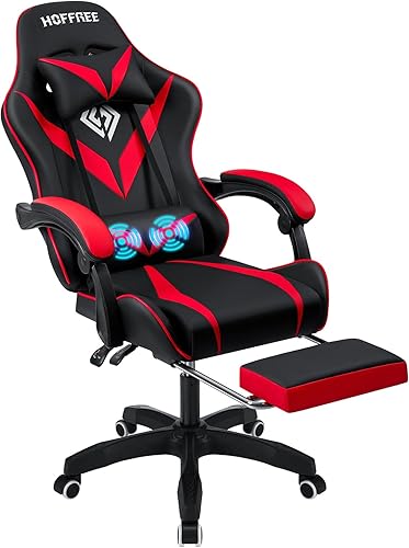 Miniatura 9 de Silla de juegos con masaje, silla ergonómica para computadora con reposapiés y soporte lumbar, silla reclinable para juegos de PC para niños con Azul