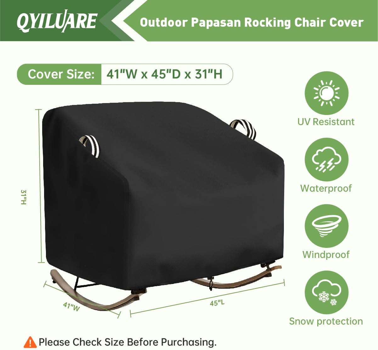 Outdoor Papasan Rocking Chair Cover, 41 inch Waterproof Patio Papasan Chair Cover for for Oversize Papasan Chairs, Rattan Wicker Chairs, Egg Chairs (41"W x 45"D x 31"H)