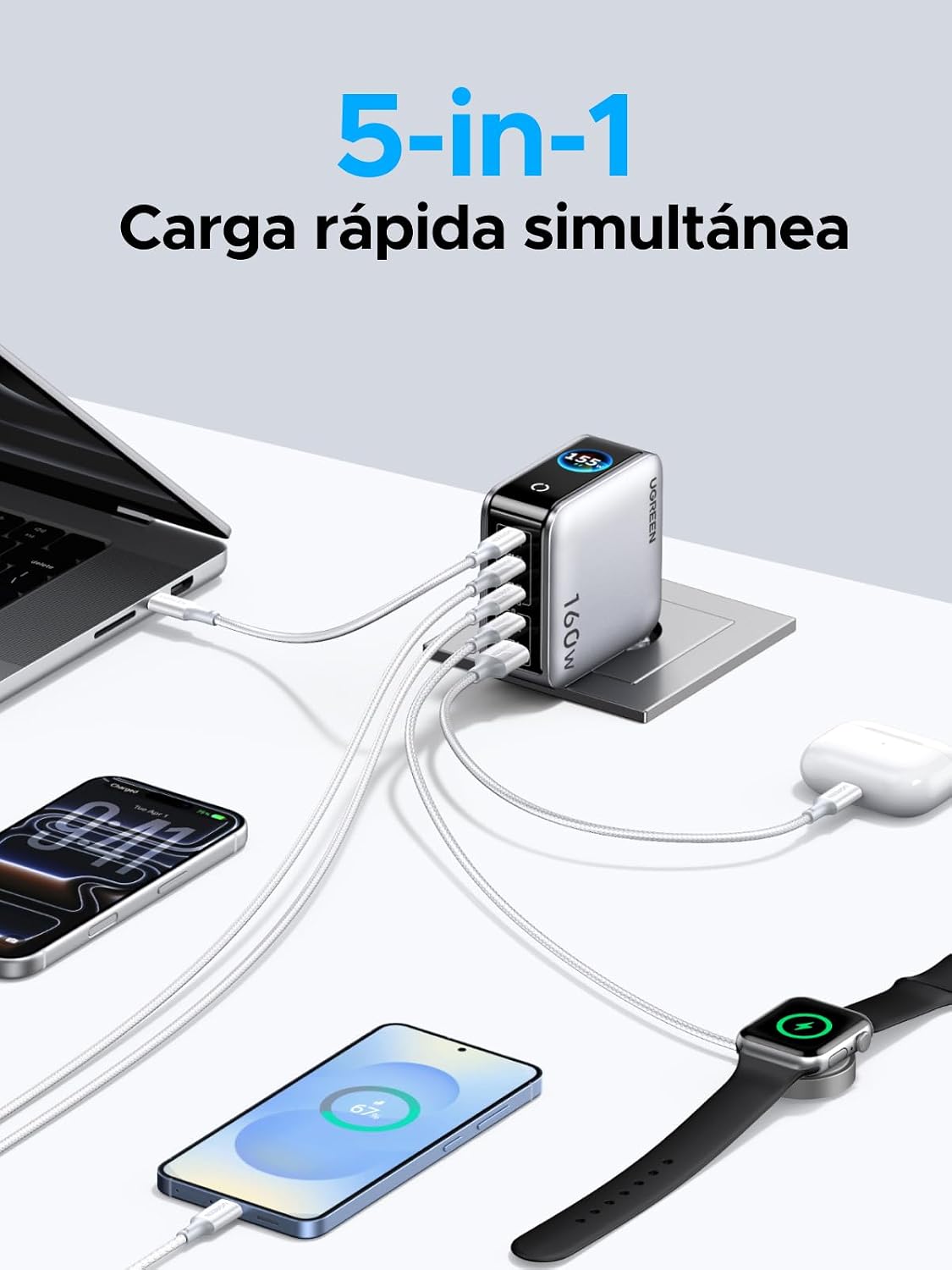 UGREEN Nexode Pro 160W Cargador USB C Carga Rápida Pantalla TFT PD 3.1 | 5 Puertos Compatible con iPhone 17 Pro MAX Air 16 15 14 13 Galaxy PPS 45W S26 25 24 Pixel 10 iPad MacBook M5 M4 5