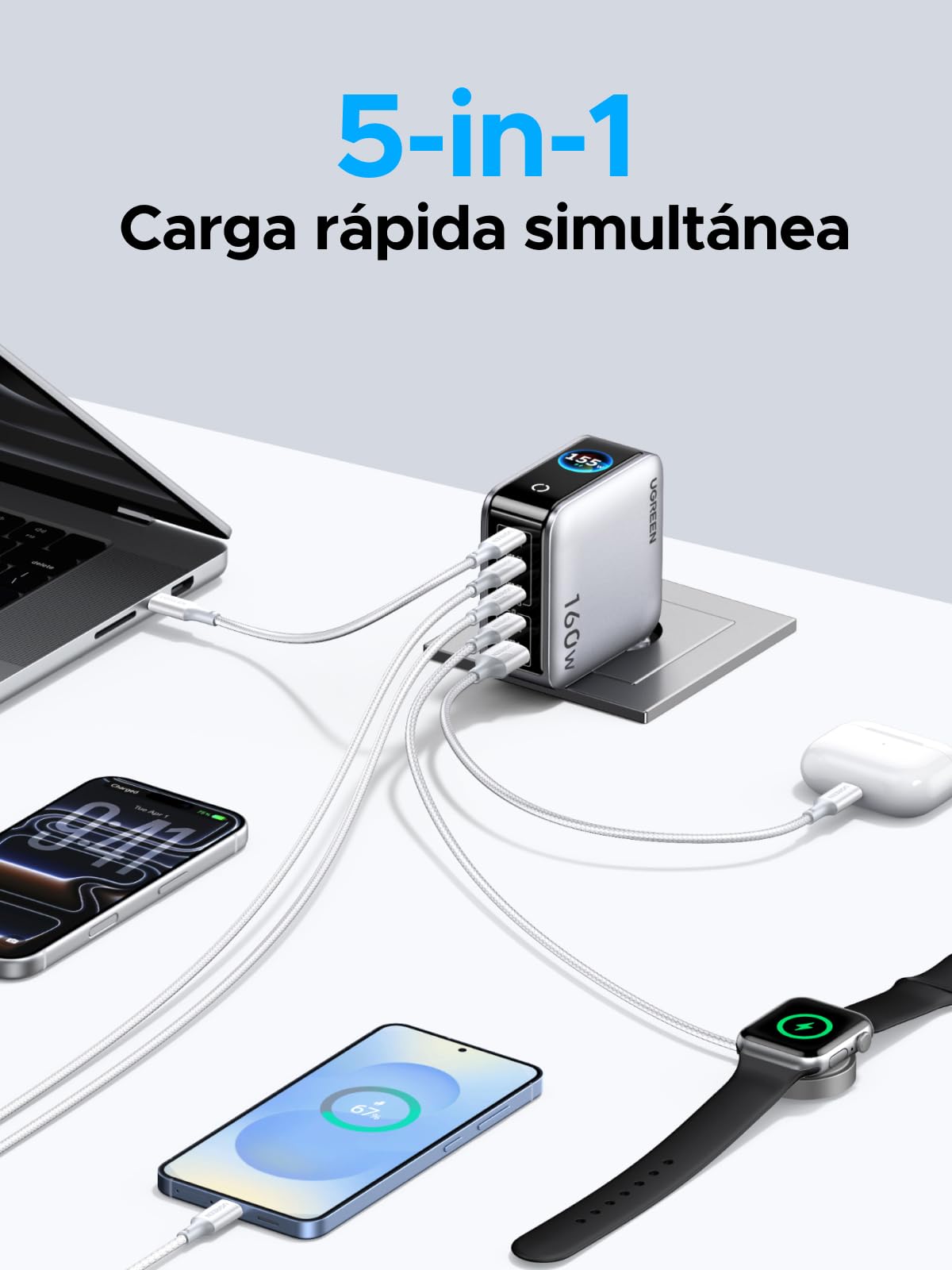 UGREEN Nexode Pro 160W Cargador USB C Carga Rápida Pantalla TFT PD 3.1 | 5 Puertos Compatible con iPhone 17 Pro MAX Air 16 15 14 13 Galaxy PPS 45W S26 25 24 Pixel 10 iPad MacBook M5 M4
