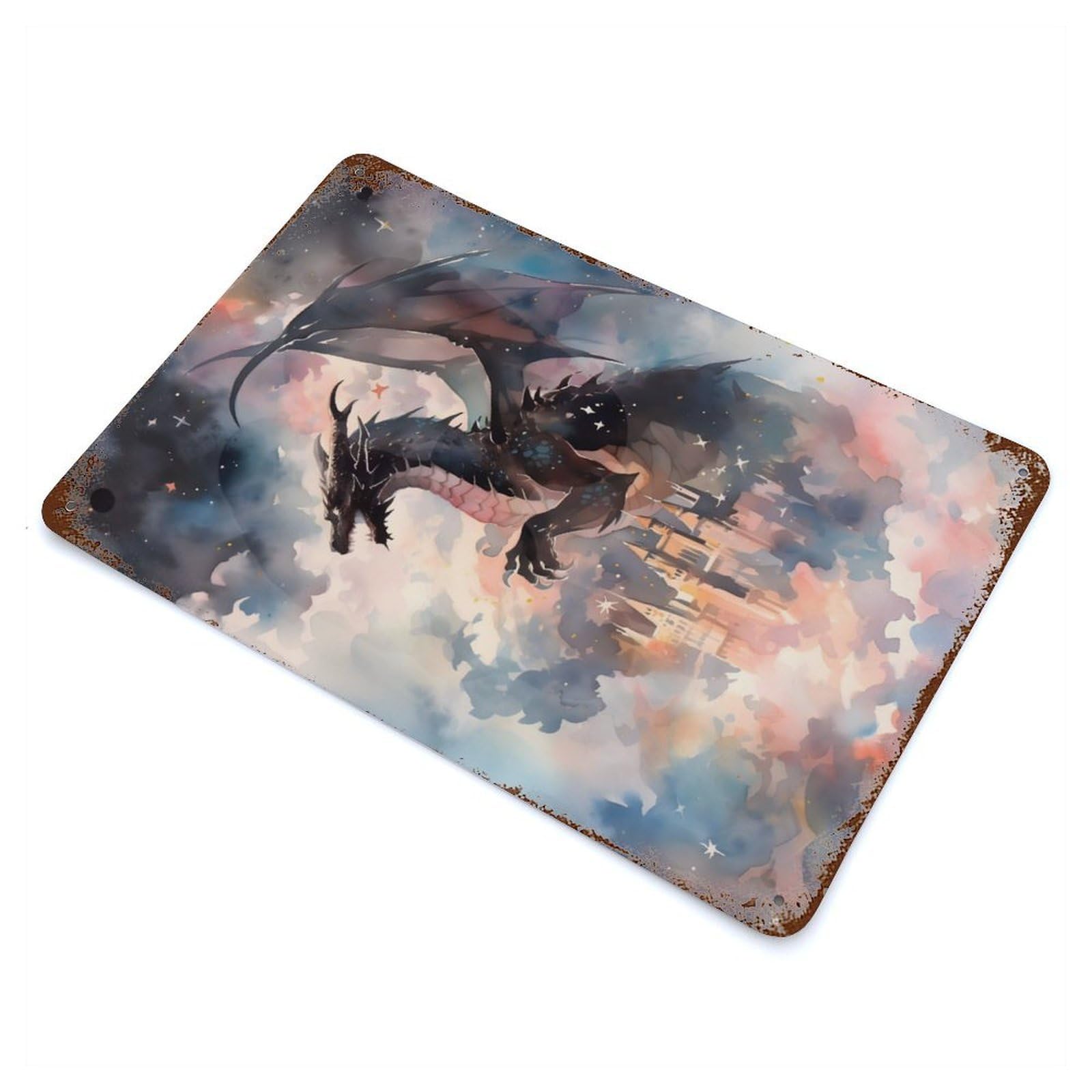 Distressed Metal Wall Sign with Black Dragon And Castle Design 11.8"x7.9", for Farmhouse, Kitchen And Entryway Decor, Old School Wall Decor
