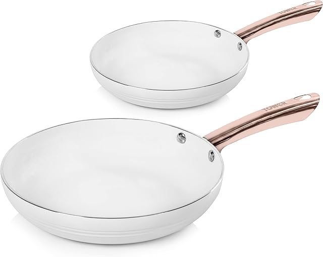 Tower T800000RW Linear Non Stick Induction Frying Pans Set, Cerasure Coating, White And Rose Gold, 2 Piece, 24/28 cm