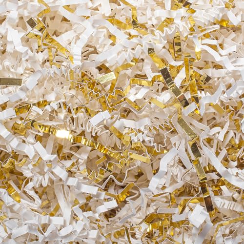 Mefleet 1/2 LB Crinkle Cut Paper Shred Filler 8 oz White & Gold Crinkle Shredded Paper for Gift Box - Gift Basket Bag Filler - Grass Cushion Stuffing for Easter Mothers day Birthday Packaging Wrapping