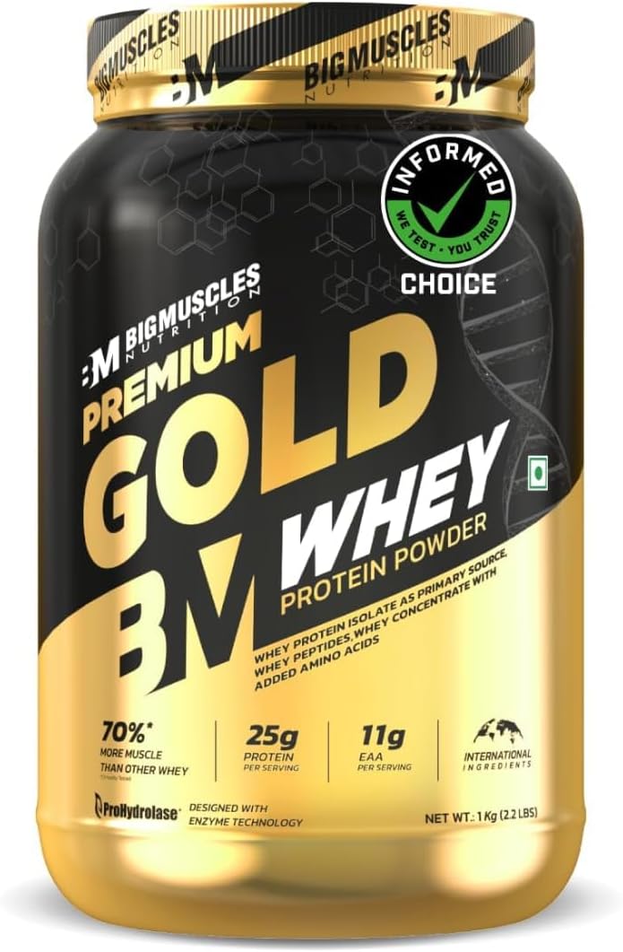 Bigmuscles Nutrition Premium Gold Whey [1Kg] | Informed Choice UK Certified | Isolate Whey Protein Blend | 25g Protein | 11g EAA | ProHydrolase Enzyme Technology [Chocolate]