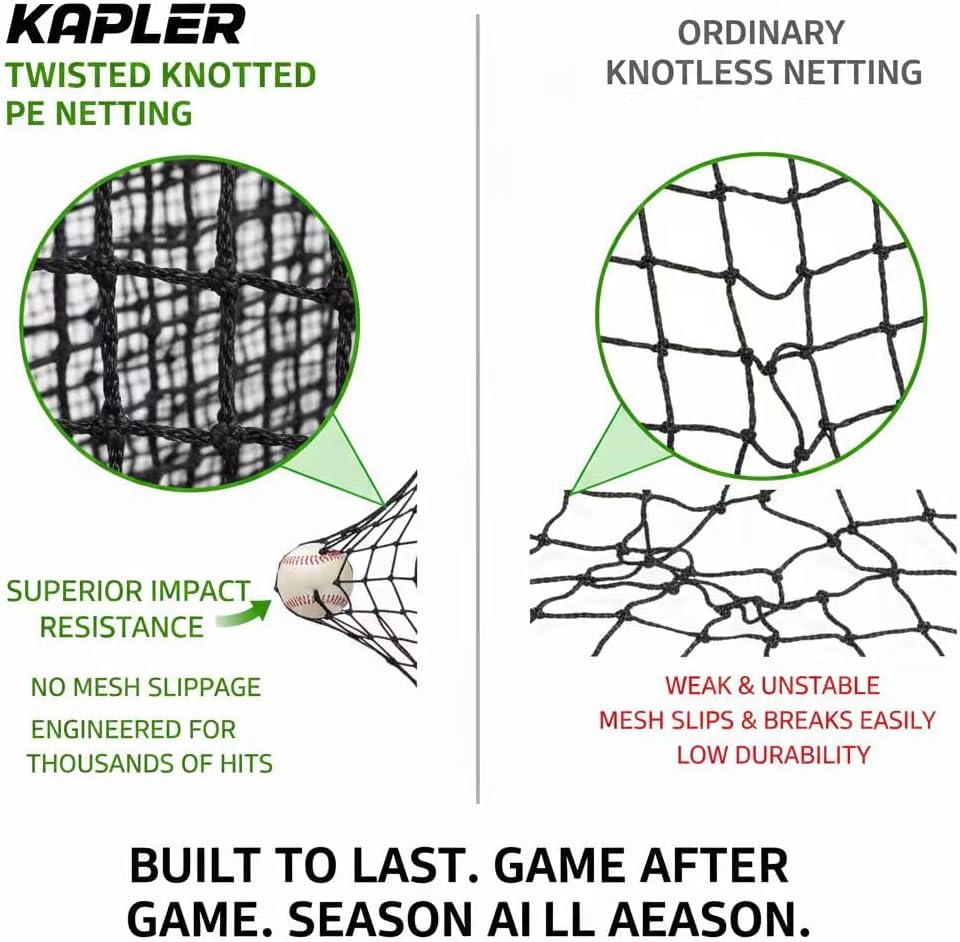 Kapler Baseball Softball Backstop Nets: Heavy Duty Sports Barrier - Twisted Knotted PE Impact Resistant Practice Netting for Backyard Hitting Batting - 50 Zip Ties Included