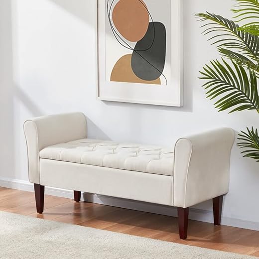 HOMECREST Sal Wood Upholstered Flip Top Storage Armrest Bench Ottoman Pouffe Puffy Settee 2 Seater Sofa Footstool for Livi...