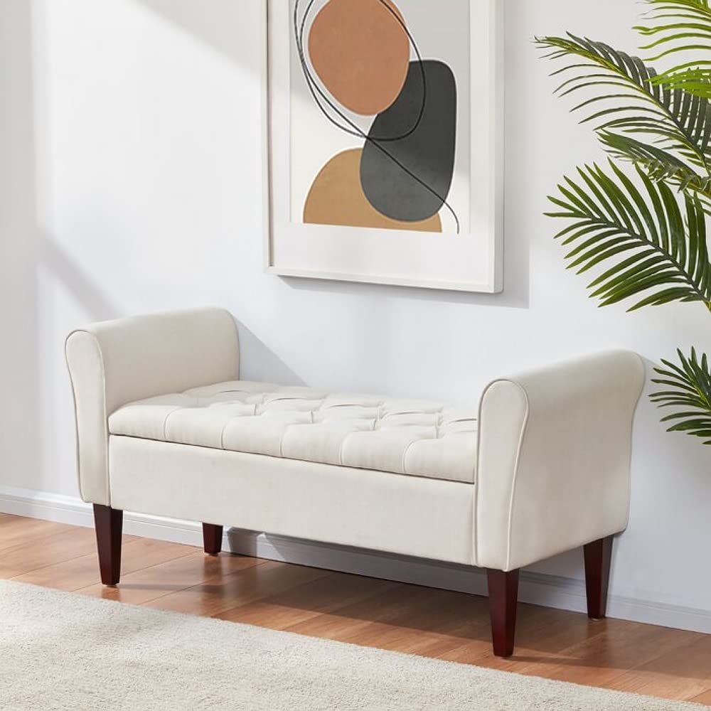 HOMECREST Sal Wood Upholstered Flip Top Storage Armrest Bench Ottoman Pouffe Puffy Settee 2 Seater Sofa Footstool for Livi...
