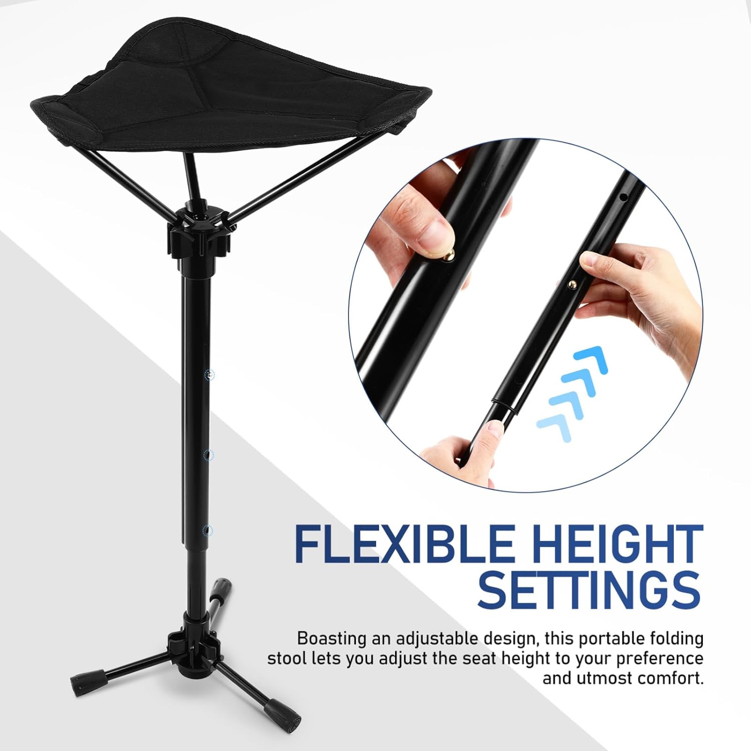 Collapsible Stool Folding Chair, Height Adjustable Tripod Seat, Portable Stool for Camping, Fishing, Hiking, Outdoor Use, Black, Lightweight Aluminium Alloy