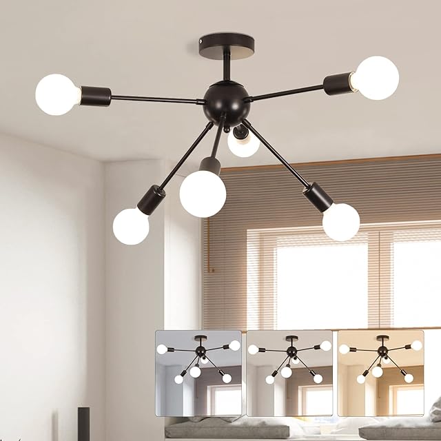 XEMQENER 6-Light Sputnik Ceiling Light, Modern Black Chandelier, Semi Flush Mount Pendant Lighting for Living Room, Bedroom, Dining Room, E27