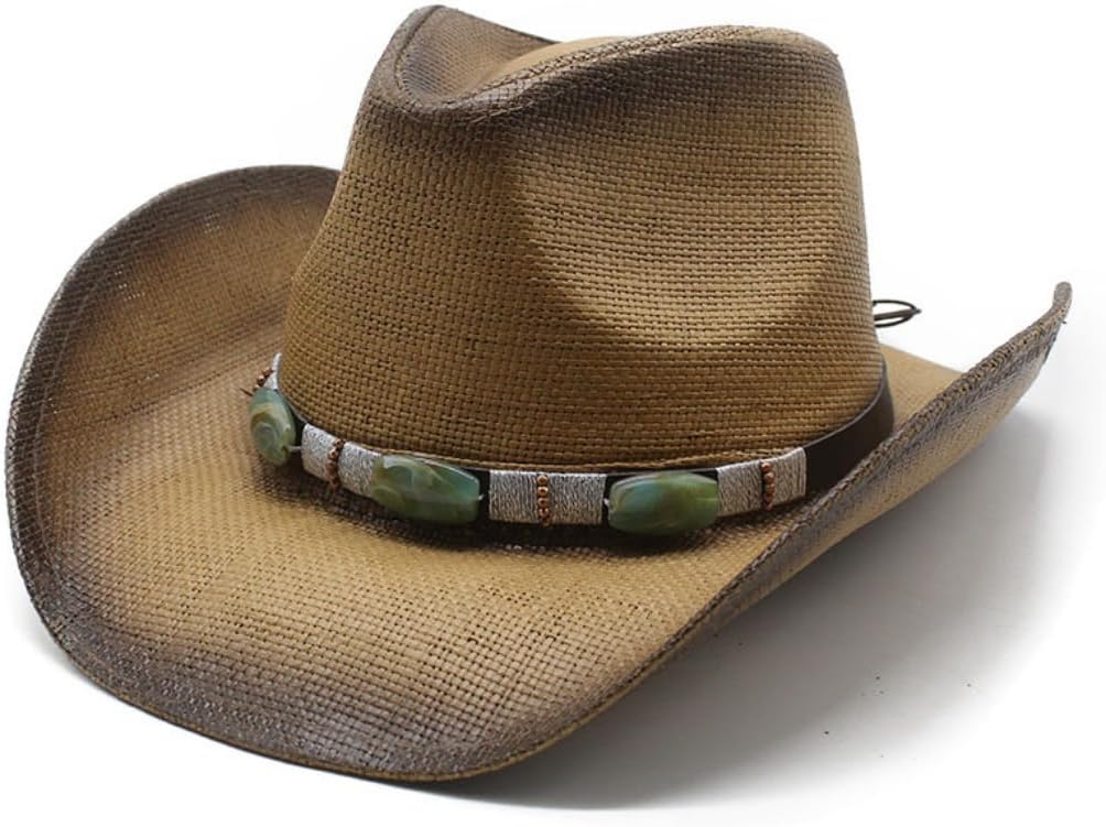 Western Cowboy Hat with Turquoise Stone Band, Brown Straw, Wide Brim