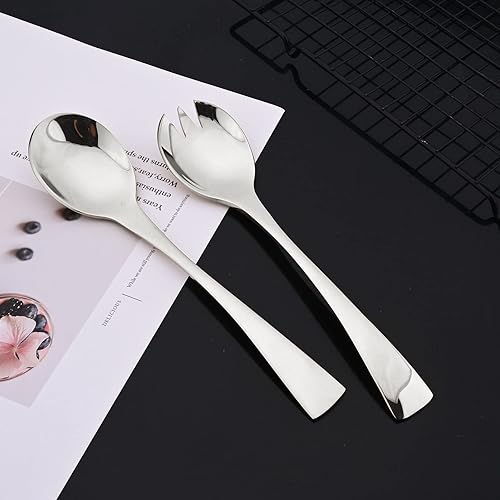 Miniatura 4 de JASHII Juego de 2 cucharas de ensalada plateadas, 2 tenedores de ensalada, cucharas redondas de acero inoxidable, juego de cucharas de mesa