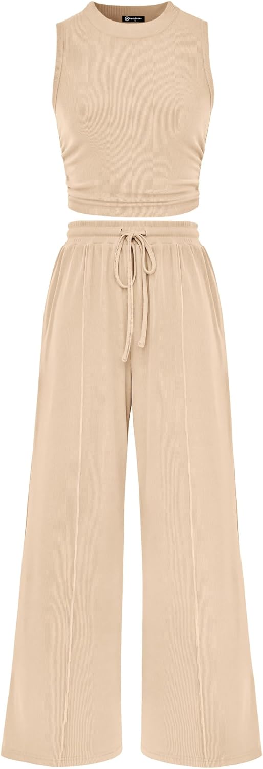 PrettyGarden 2 piece sets women summer sleeveless tank ribbed