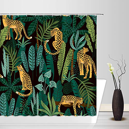 Leopard Shower Curtain Asian Wildlife Animal Leopard Cheetah Tiger Green Topical Palm Leaf Topical Watercolor Modern Bathroom Decor Curtain With Hooks #TOP1