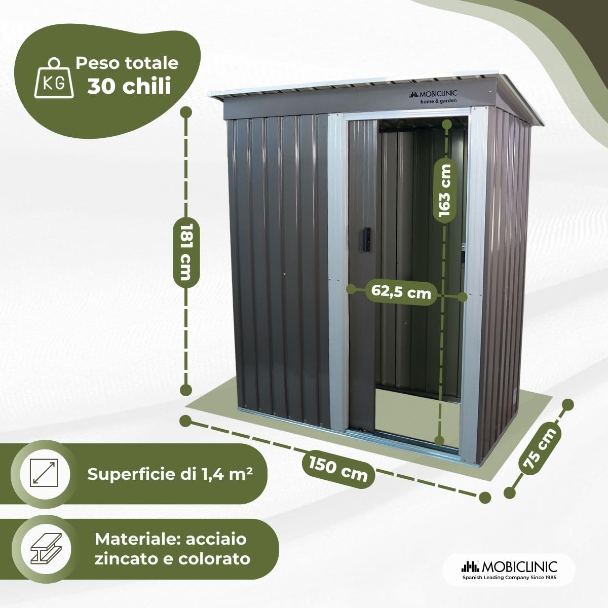 Mobiclinic®, Casetta da Giardino, Con Porta Scorrevole, 150 x 75 x 181 cm, Armadio da Esterno, Lucchettabile, Nomi, Tetto spiovente, 1.4 m², Custodia Sicura, Resistente, Grigio