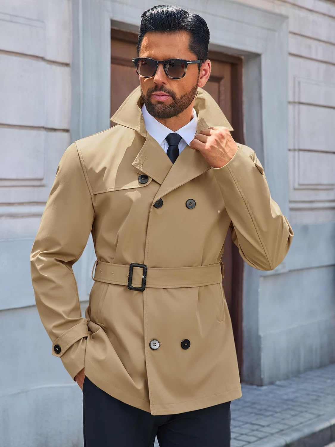 Runcati Mens Trench Coat Double Breasted Notched Lapel Jacket Casual Belted Windbreaker Overcoat - Image 4