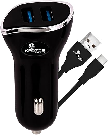 Kratos Dual Port 36W Car Charger Fast Charging Compatible with iPhone, Smartphones & Tablets + Free Type C USB Cable