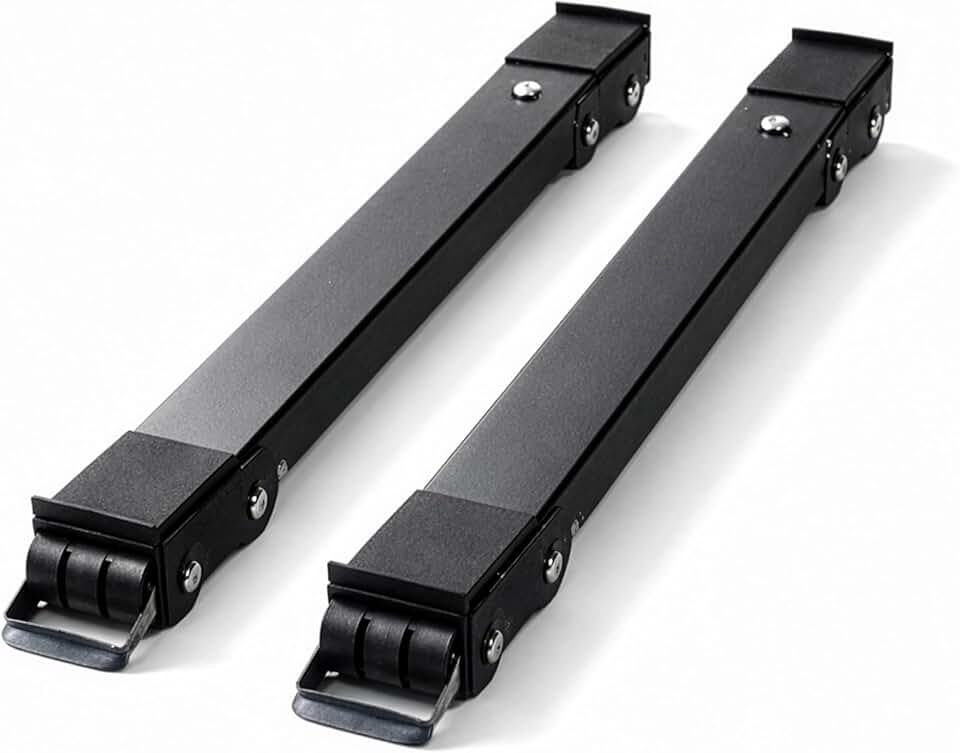 Suporte Universal Ajustável com Rodinhas e Trava Dupla para Geladeira, Fogão e Máquina de Lavar – Base Elevatória em Aço com Rodízios Reforçados e Pés Antivibração – Kit 2 Barras Preto