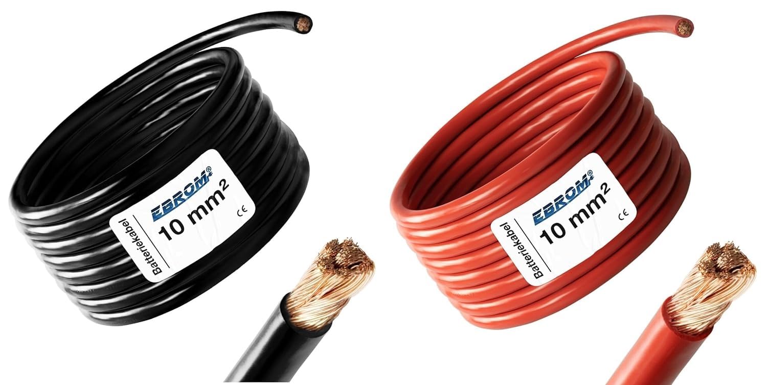 EBROM - 2 Meter Batteriekabel - rot und schwarz - Pluskabel und Massekabel - 10mm2 | 10 mm² | 10 mm2 - Vollkupfer 99,9% OFC Kupfer Stromkabel - Ihre Länge: je 2 Meter