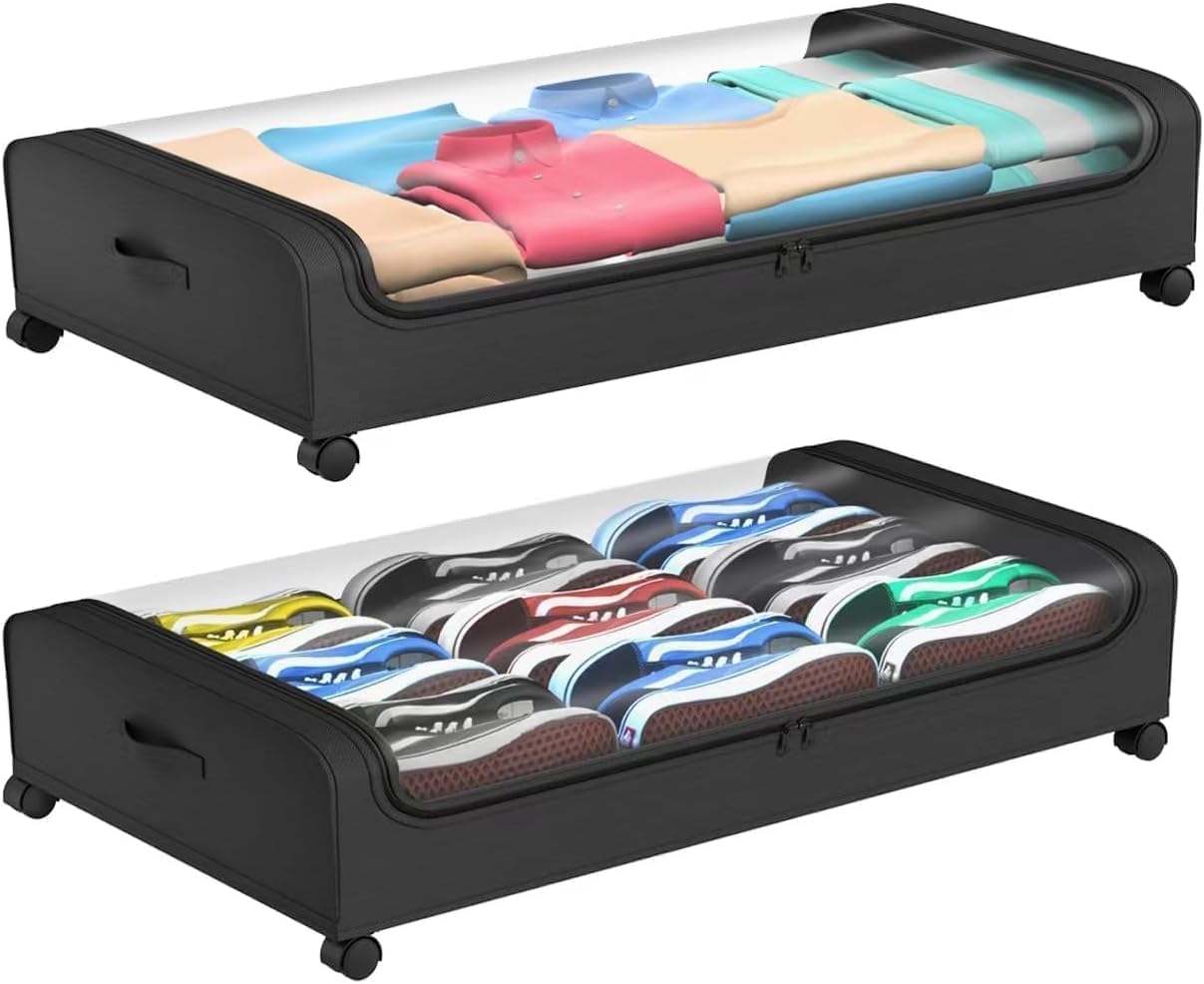 Under Bed Storage, 2Pack Under Bed Storage Containers with Wheels and Handles, Rolling Underbed Storage Bins With dust cover, Under Bed Storage Drawer for Clothes, Toy,Shoes (Black)