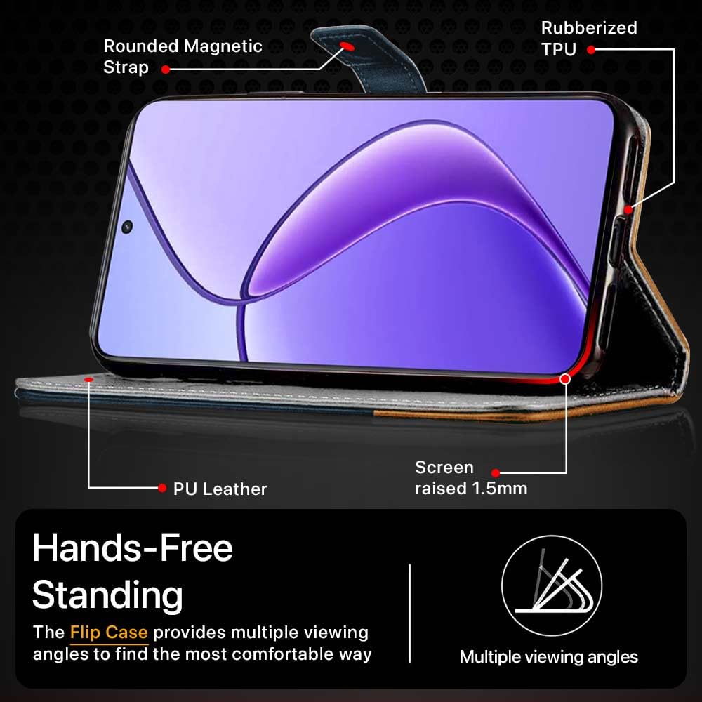 FLIPPED Vegan Leather Flip Case Back Cover for Realme 13 5G | Realme 12 5G | 12X 5G | Narzo 70x 5G | C65 5G | N65 (Shockproof Hand Stitched | Card Pockets Wallet Stand | Irish Blue with Tanned Oak)