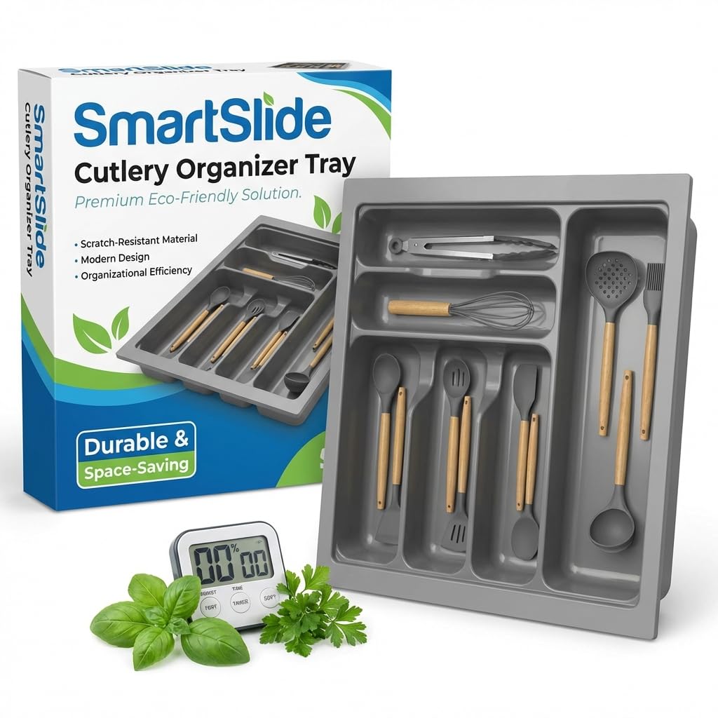 - SmartSlide polyvinyl chloride Cutlery tray/Cutlery Cosmetic Stationary Storage Organizer/Cutlery Organizer tray for Modular Kitchen Basket And Kitchen Trolley (15 X 18.7 INCH) 380 X 475 MM, Grey
