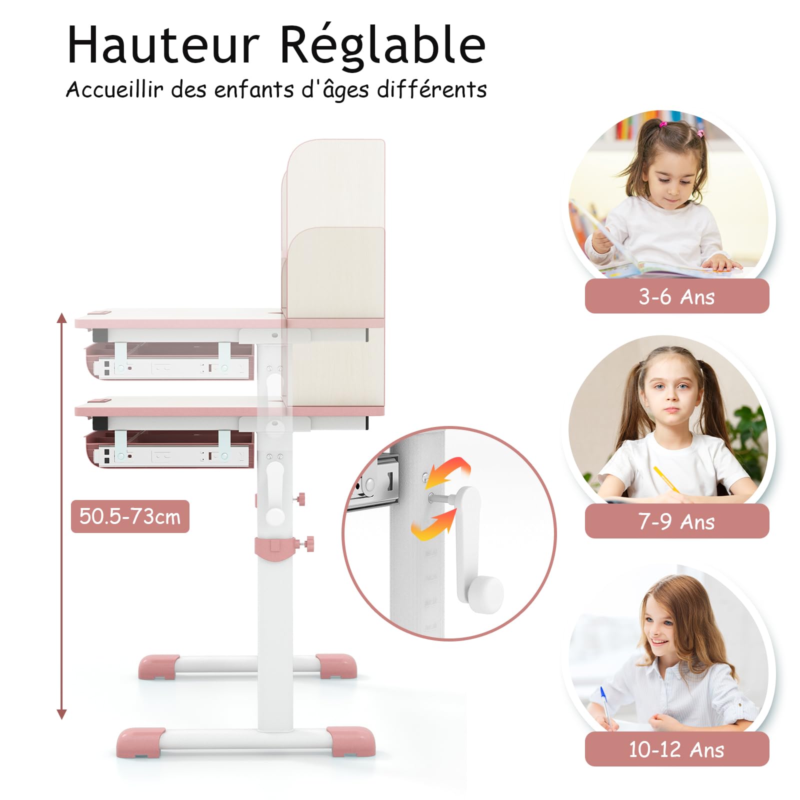LIFEZEAL Scrivania per bambini in altezza regolabile e ripiano inclinabile, tavolo da studio con cassetto, scaffale di stoccaggio, carico 100 kg, per ragazza ragazzo 3-12 anni (rosa, 80 x 51 x 104 cm)