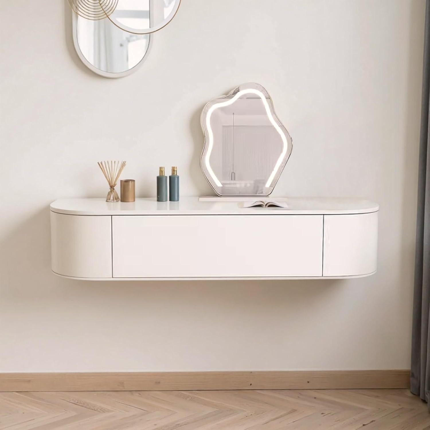 Wall Mounted Floating Vanity Makeup Table with Lighted Mirror, White Dressing Table Dresser for Small Spaces, Corner Desk with Drawers, Stylish Bedroom Hanging Shelf31.5in No Mirror b