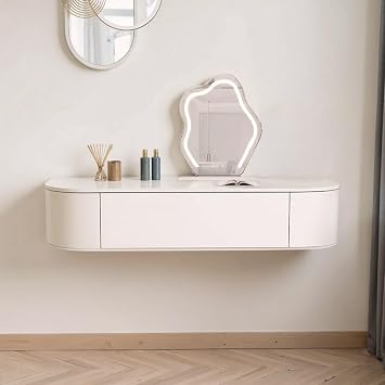 Floating Vanity Makeup Table White Wall Mounted Dressing Table Dresser With Mirror Floating Corner Desk For Bedroom Hanging Desk With Drawers Small Space Vanity With Lighted Mirror Shelf Wall-mounted