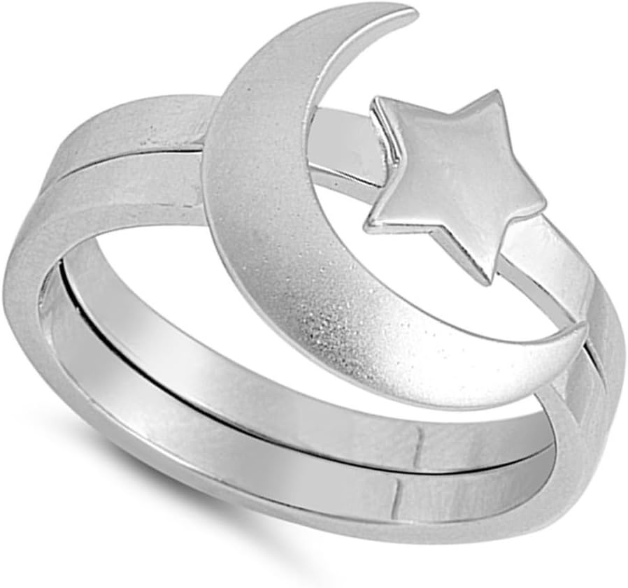 Unique Moon Star Ring Set New .925 Sterling Silver Polished Band Sizes 5-12
