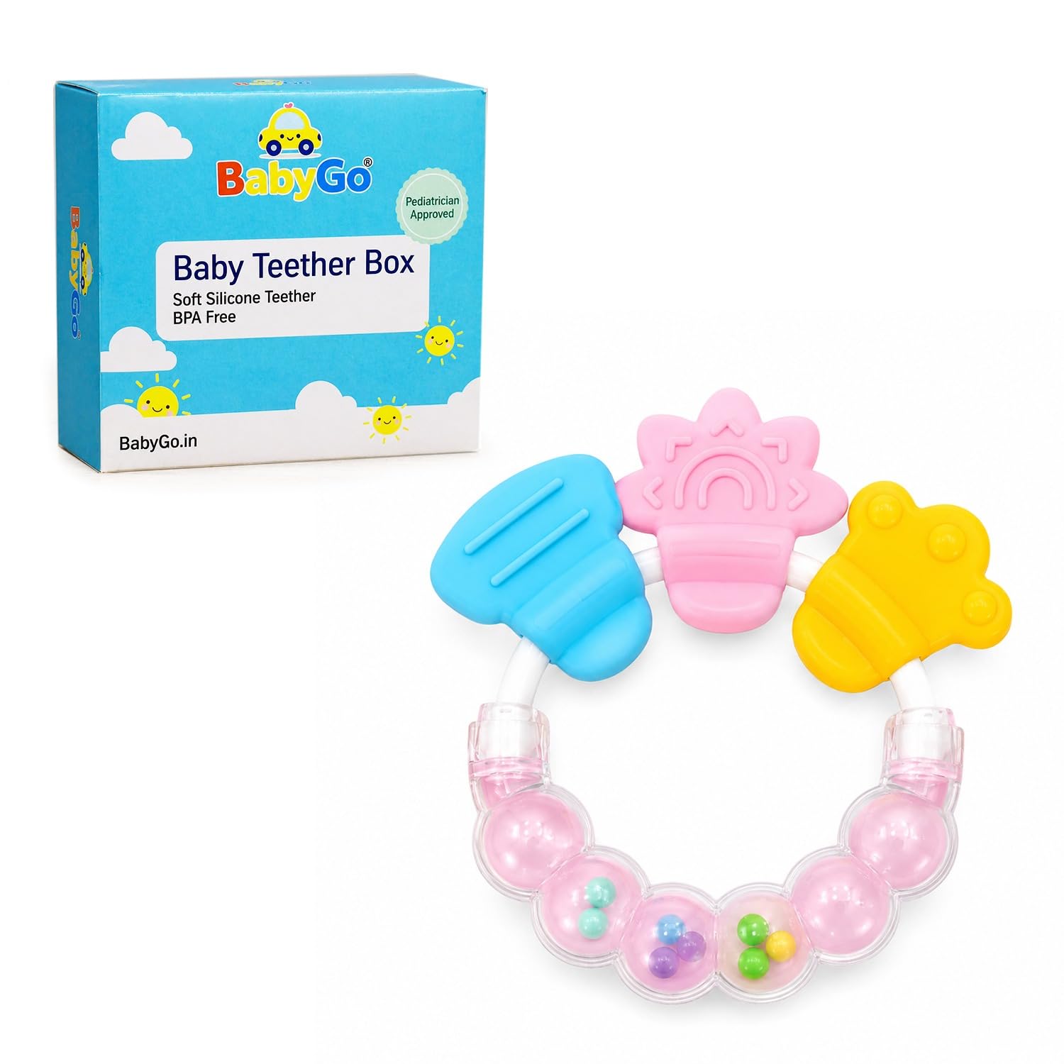 BabyGo Baby Rattle & Teether Toy | BPA-Free Silicone Chew Soother, Safe & Gentle on Gums | Soft Natural Gum Relief Toy for Infants | Early Learning Teether Hand Grip (Pack of 1, Multicolor)-image-29