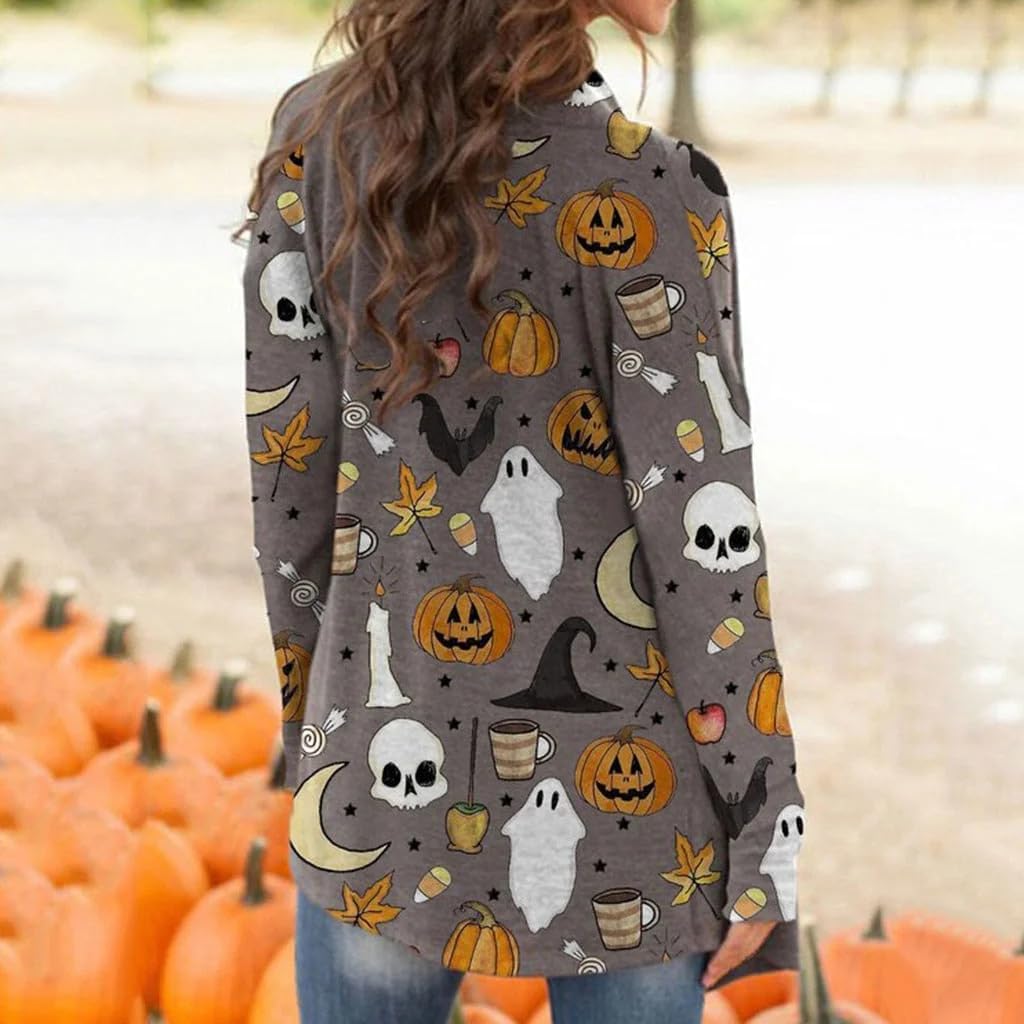 FASHGL Halloween Cardigan for Women Pumpkin Face Print Tunic Shirt Spooky Season Lightweight Long Sleeve Cardigans - Image 3
