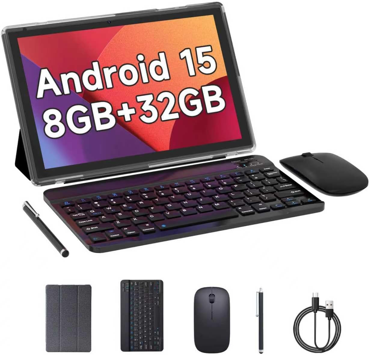 Android 15 Tablet, 10 Inch 8GB RAM+32GB ROM+1TB Expand, 1.8Ghz Quad-core Processor, 2 in 1 Tablets with Keyboard/ Mouse/ Case/ Stylus, 8MP Camera, 6000mAh Battery, 1280*800 HD Screen, 5G WiFi 6 Tablet