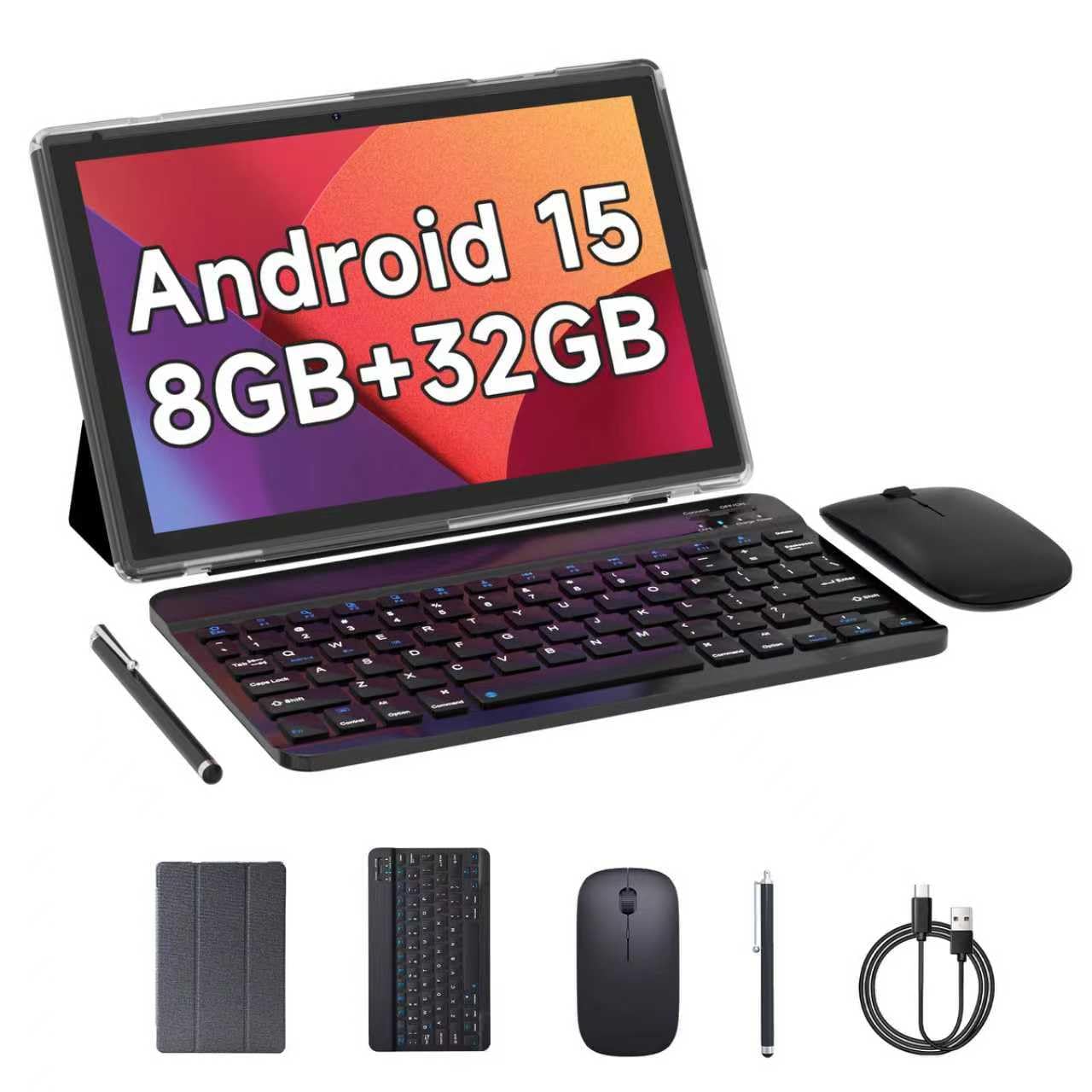 Android 15 Tablet, 10 Inch 8GB RAM+32GB ROM+1TB Expand, 1.8Ghz Quad-core Processor, 2 in 1 Tablets with Keyboard/ Mouse/ Case/ Stylus, 8MP Camera,