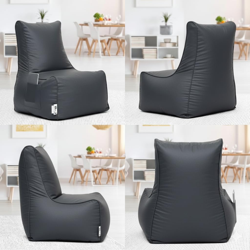 BJ ALUMINIUM Bean Bag Chair for Adults & Kids | High Back Support, Leatherette Bean Bag with Mobile Pocket |Seating for Living Room, (Cover Only Without Bea (Black, 5XL, Bean Bag) 1