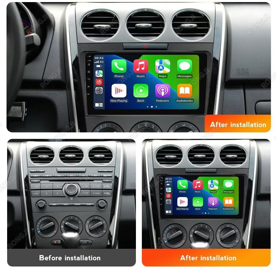 Comparison of car dashboard before and after installing the RONGJI Android stereo