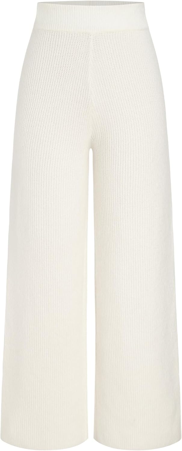 CIDER Lounge Pants Women Wide Leg Mid Waist Ribbed Knit Pants Casual Solid Warm Wool-Blend Sweatpants Fall Winter White