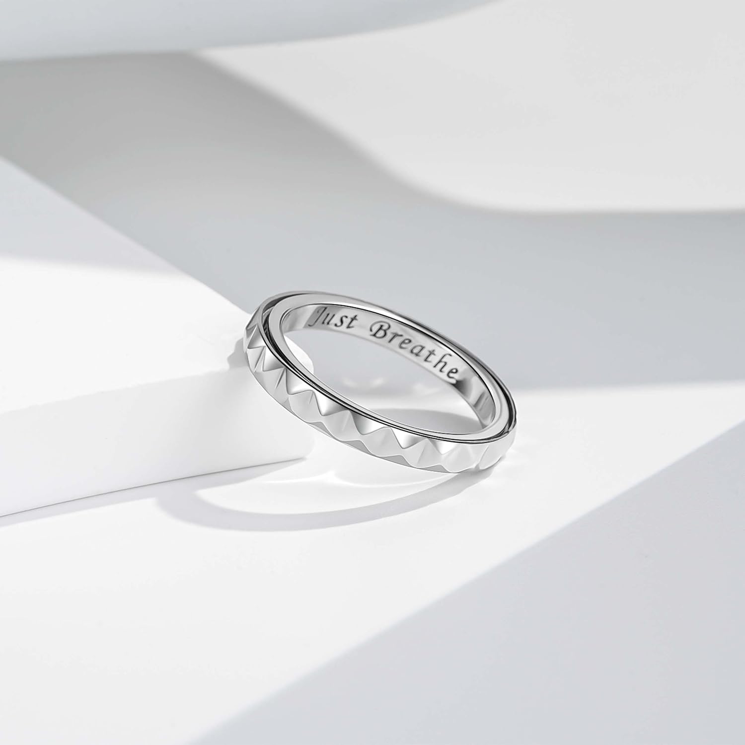 Anxiety Ring for Women: Geometric Sterling Silver Fidget Jewelry Polished Spinner Band Rings 3mm Stackable Rhombus Spinning Rings Anti Stress Relieving Jewelry Gifts