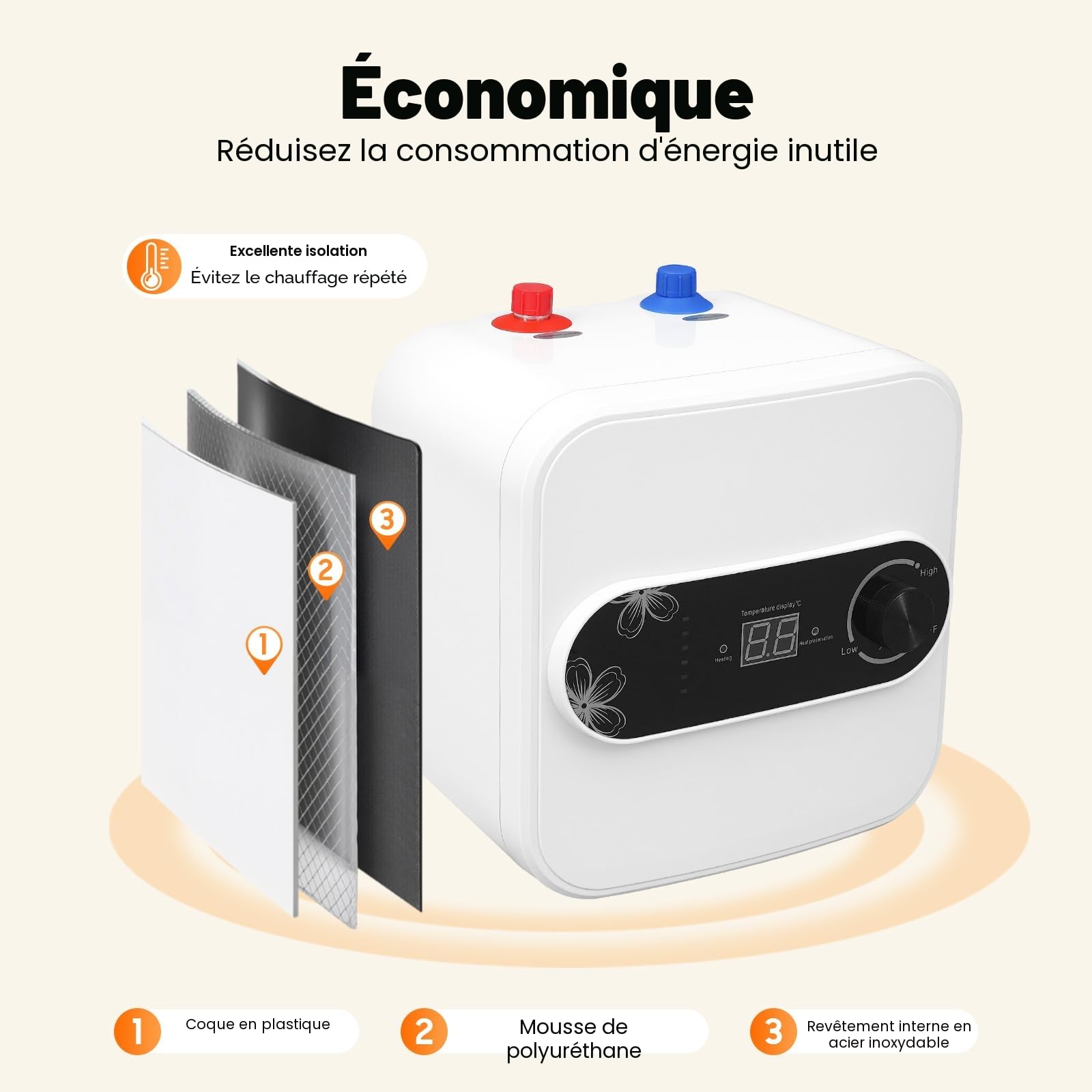 Chauffe-eau sous évier 8 l - Chauffe-eau électrique - 1500 W 220 V - Chauffe-eau sous évier 30-65 °C - Pour lavabo, cuisine, salle de bain