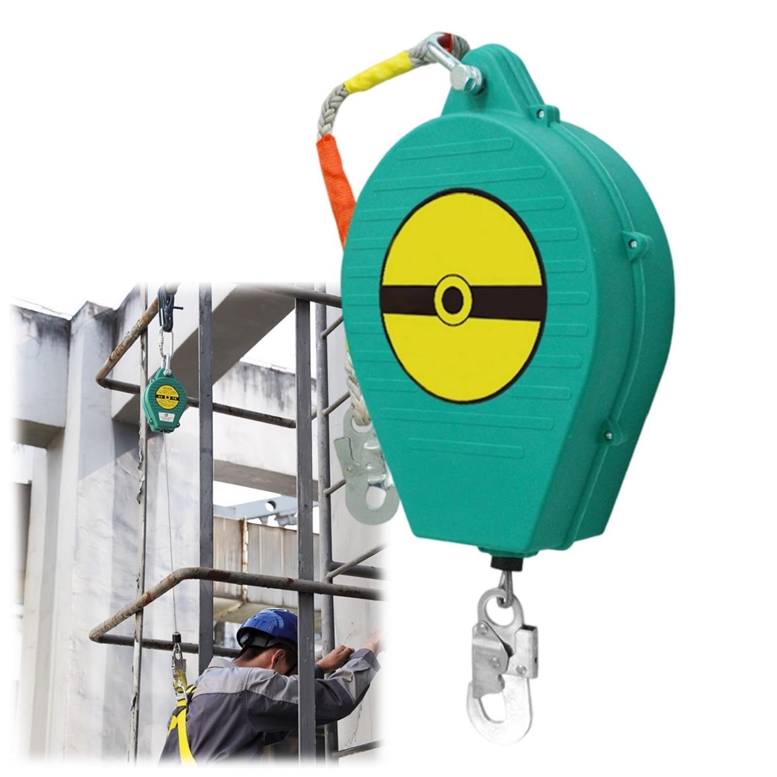 Harnais de Securite Anti Chute Toiture, Dispositif Antichute a Rappel Automatique 3-20m, Stop Chute Harnais Toiture à Rappel Automatique avec Crochet Autobloquantet(Vert,10 mètres)