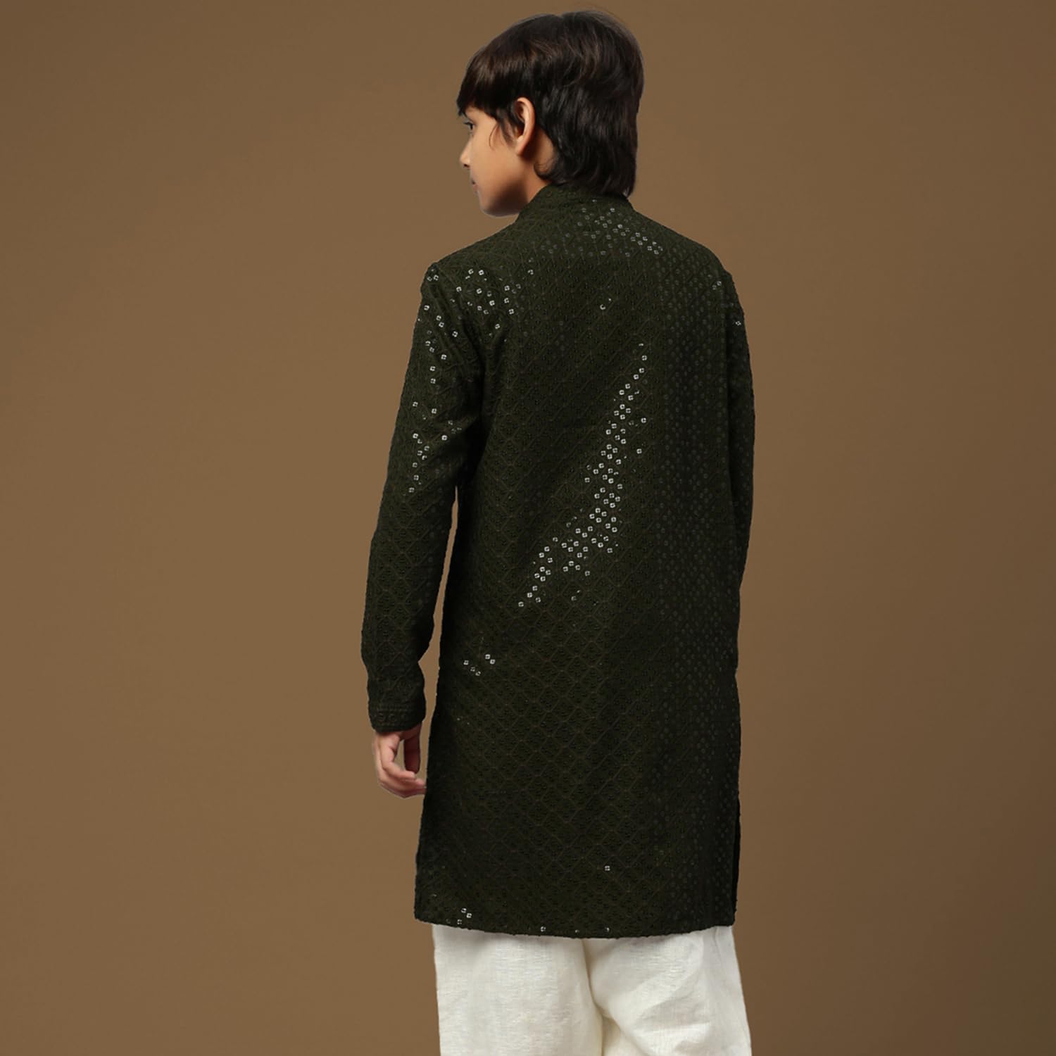 Sanwara Dapper & Dazzling Boys Solid Olive Green Chikankari with Sequins Cotton Trendy Kurta (6-7 Years) 1