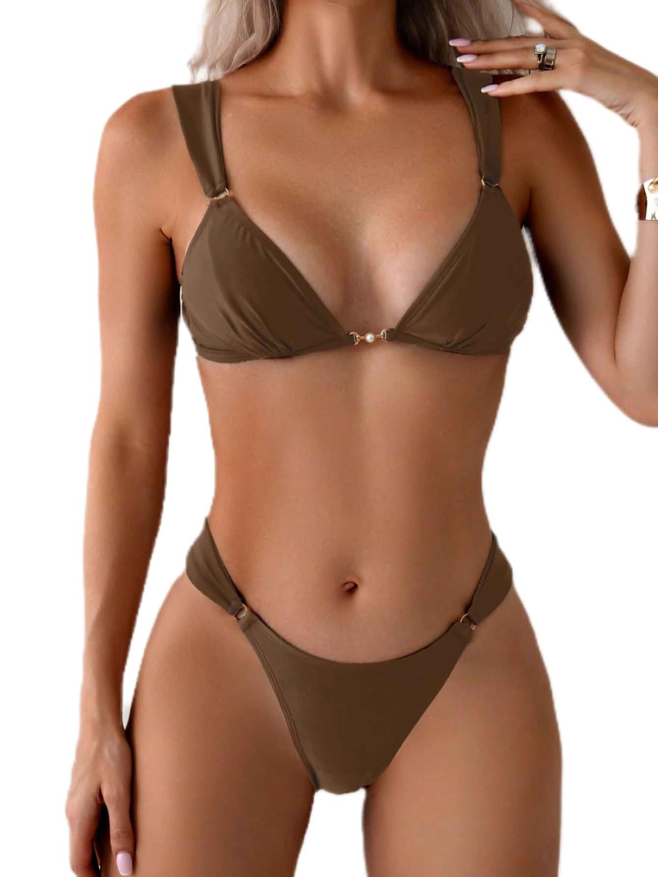 QJQ Women's 2 Piece Cheeky Bikini Sets Tie Back Ring Linked Brazilian Swimsuit Sexy Triangle Bathing Suit
