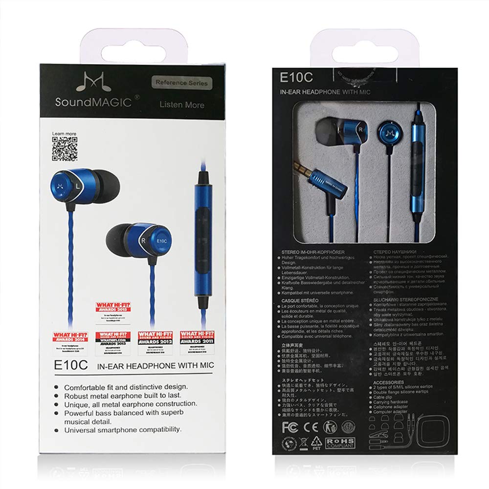 SoundMAGIC E10C Auricolari ad alta fedeltà Cuffia per smartphone In Ear Cuffie con isolamento acustico con microfono e telecomando per audiofili- Blu | Isolamento acustico, bassi decisi, alti nitidi, chiamate limpide, corpo metallico, cavo anti-groviglio,