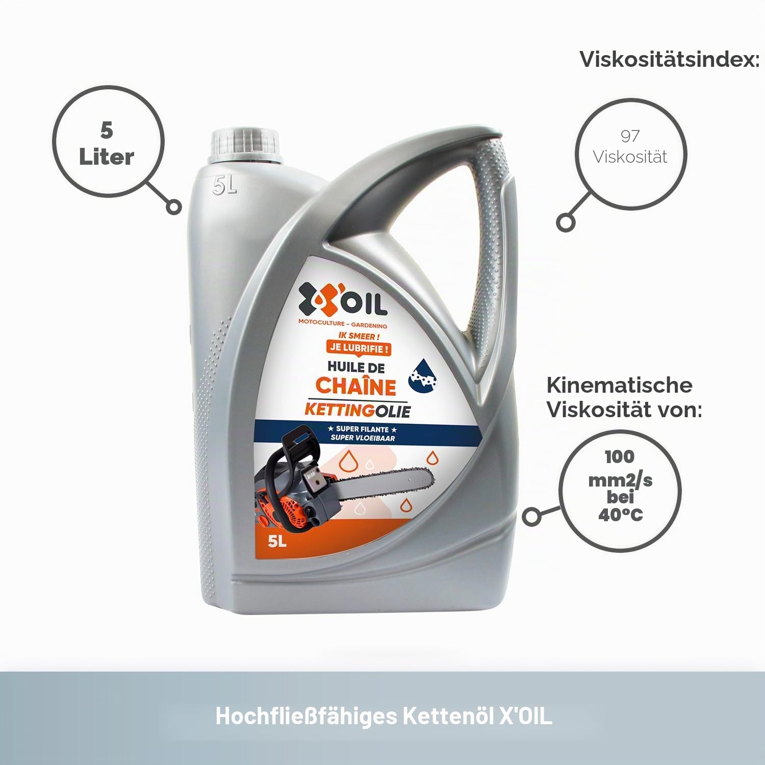 X'OIL – Kettensägenöl – für Ketten und Führungen – hohe Leistung – verschleißfest – super spindend – Viskositätsindex 97 – kinematische Viskosität von 100 mm²/s bei 40 °C – Kanister mit 5 l