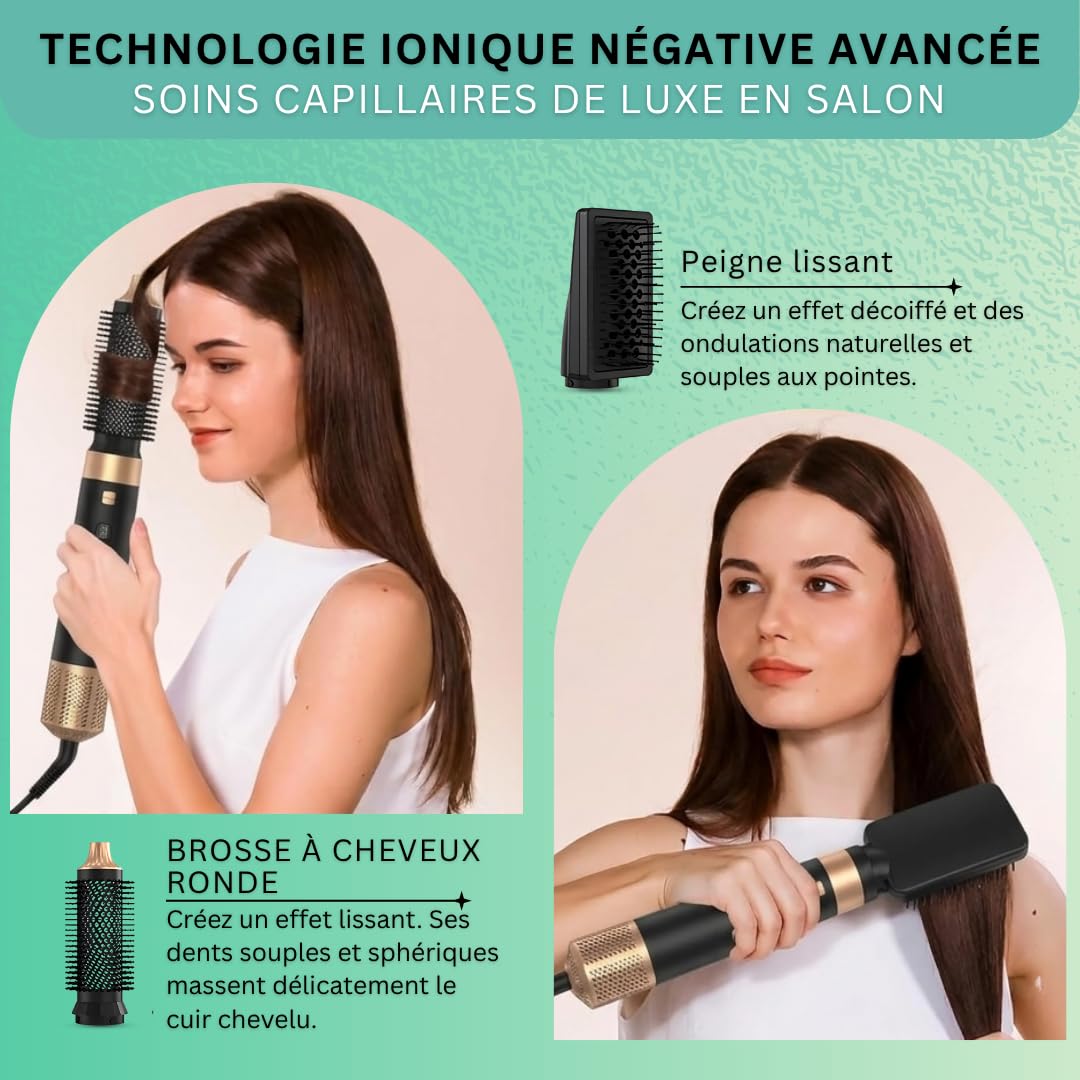 Brosse soufflante 6 en 1, Hair Styler 1000W Sèche Cheveux Multifonction, Brosse coiffante et lissante, volumisante, Air Boucleur, Gant inclus, Technologie Ionique, Cadeau Femme