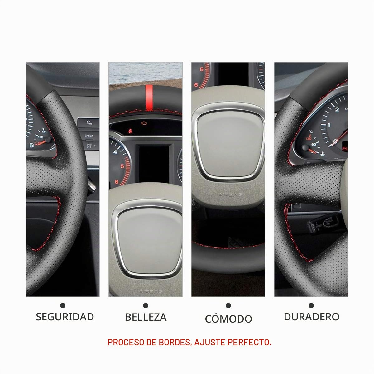 MEWANT Funda de volante cosida para A3 (8P) Sportback A4 (B8) A4 (B7) A6 (C6) 4 radios/sin botón multifunción/accesorios de volante para A3 A4 A6